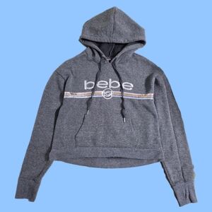 bebe sport Gray Pullover Hoodie Women's M Logo Cropped Long Sleeve Bedazzled